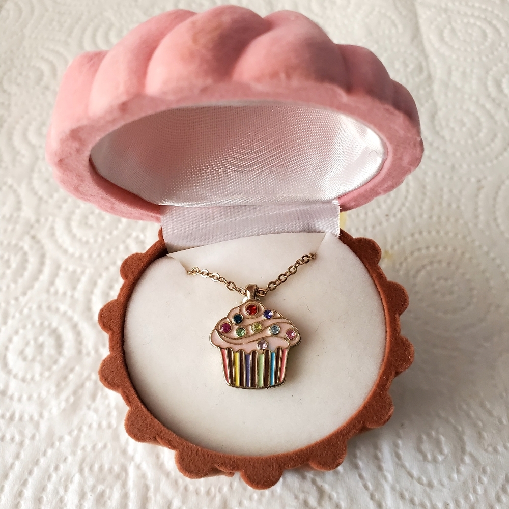 Cupcake Pendant Necklace with Colorful Gems In Cupcake Box.